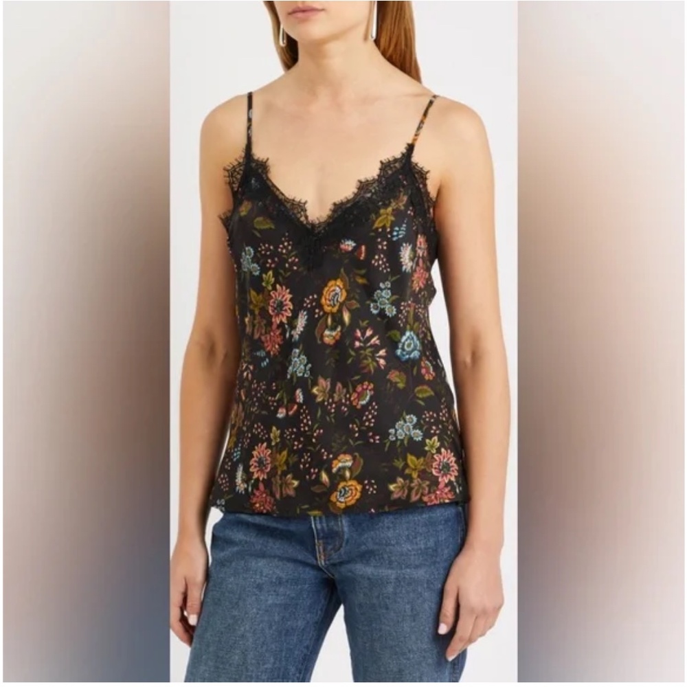 Veronica Beard Black Floral Lace-Trim Silk Camisole